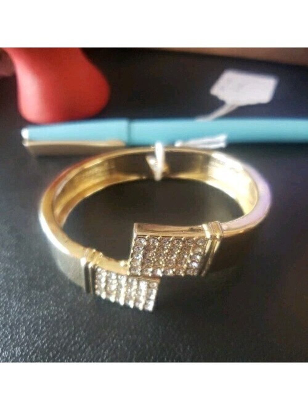 10k Gold Plated Hinged Cuff Bracelet w Silver Tone Ends w Rhinestones